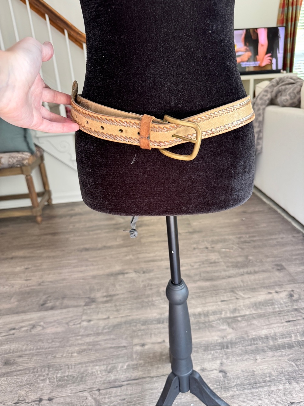 Nine West Tan Braided Leather Belt with Brass Buckle